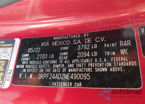 2022 Kia Forte Lxs from USA, damaged, VIN 3KPF24AD2NE490095